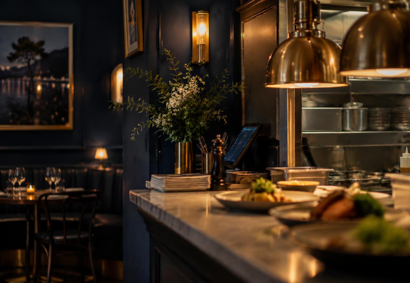 Comptoir de restaurant en soirée, tablette de commandes allumée sur le passe